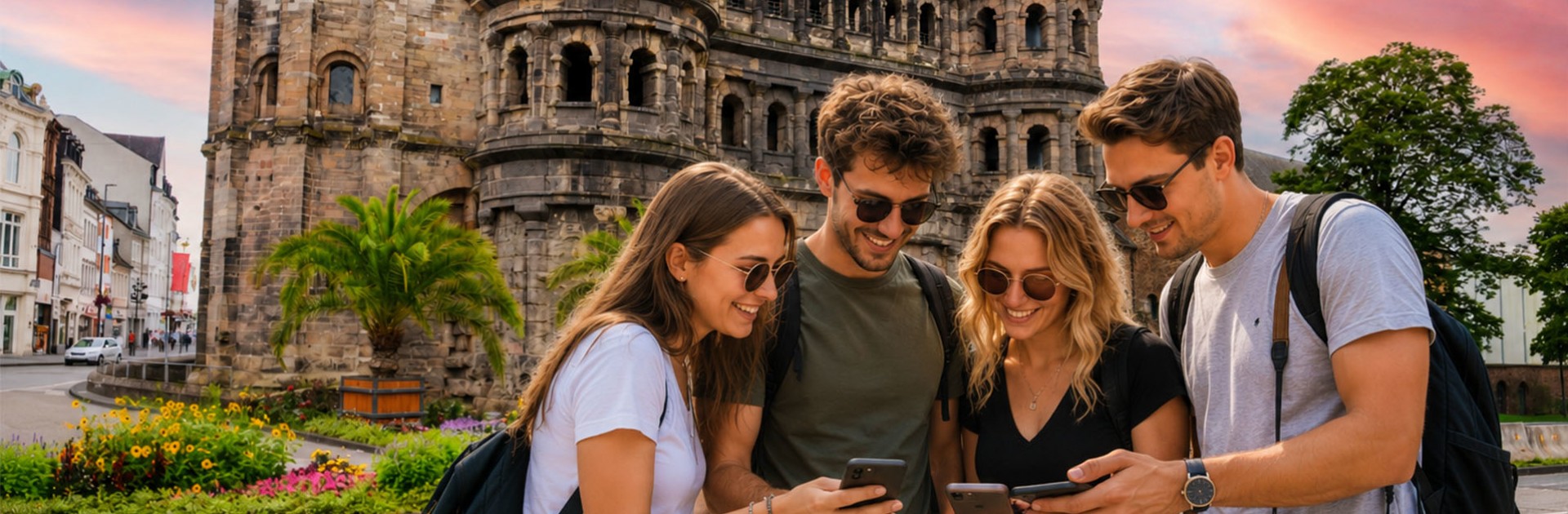 Vier Personen stehen vor der Porta Nigra in Trier und schauen lächelnd auf ihre Mobiltelefone - &copy; Johannes Lambert - TEAMTACTIVES, KI-modifiziert